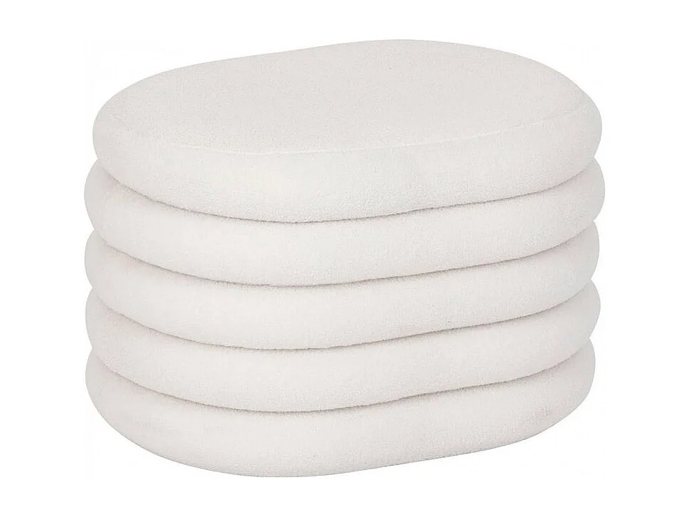 Pouf de rangement ovale en tissu bouclette, coloris blanc - Longueur 59 x Profondeur 45 x Hauteur 40 cm