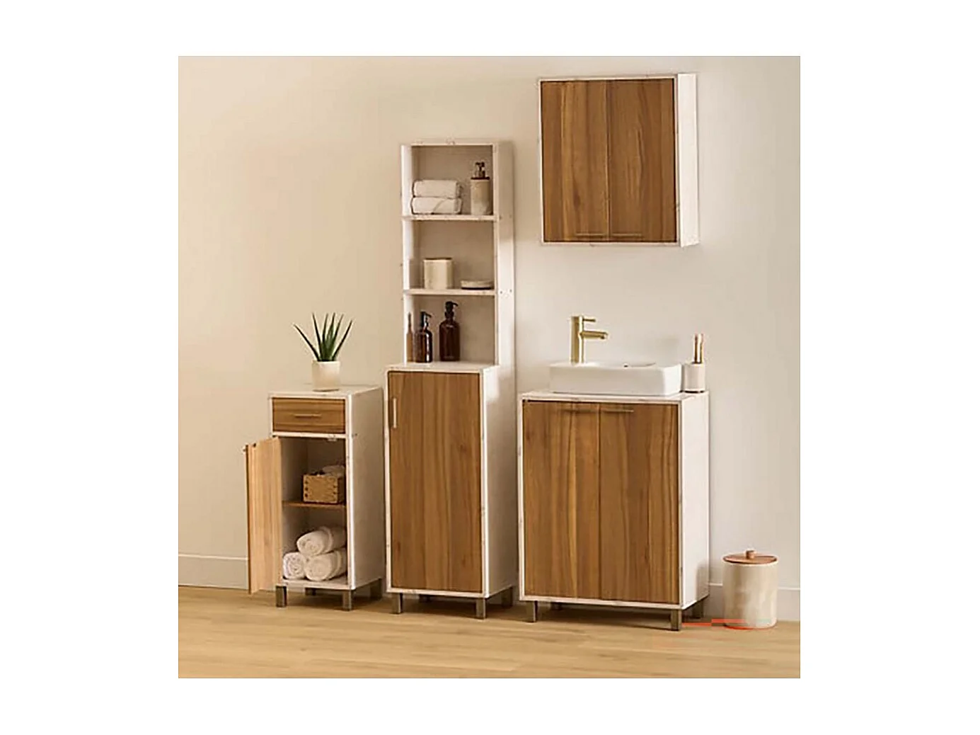 Meuble Colonne de Rangement avec une porte et 3 niches, coloris marron/blanc - Longueur 38 x Profondeur 30 x Hauteur 168 cm