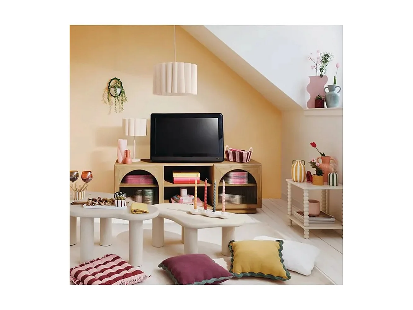 Table d'appoint table café avec 1 étagère et des pieds boules, coloris ivoire - Longueur 40 x Profondeur 40 x Hauteur 45 cm