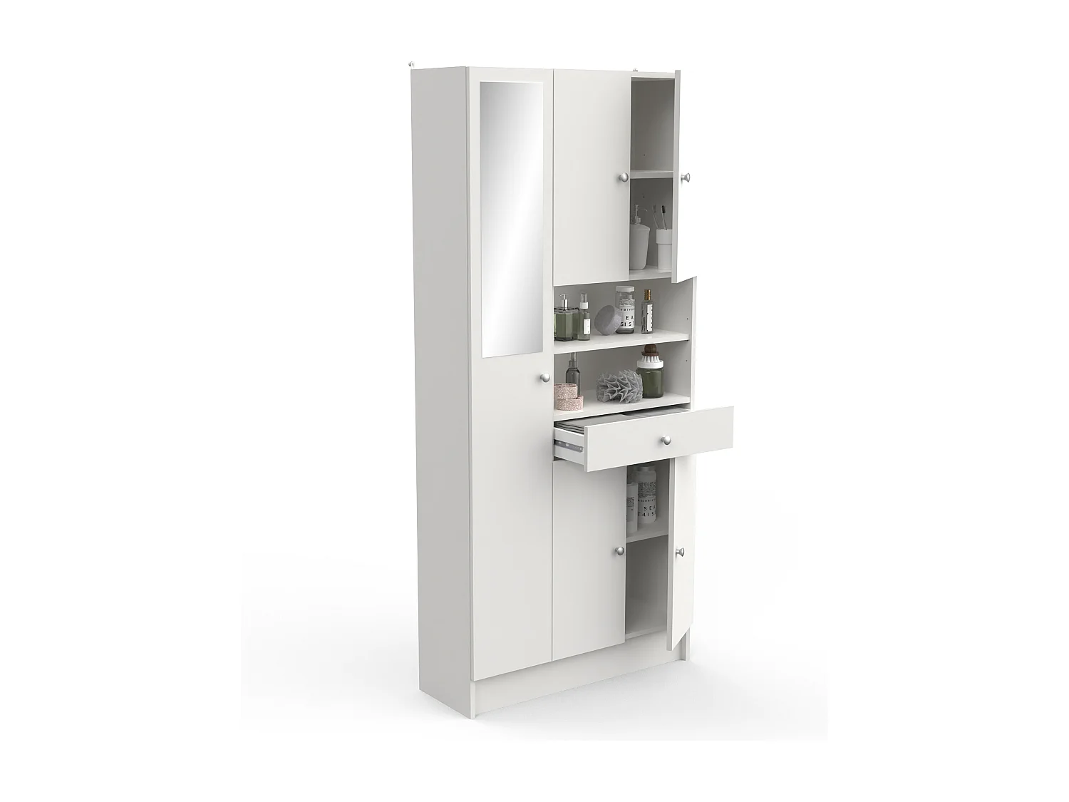 Armoire colonne de salle de bain avec miroir 5 portes et 1 tiroir coloris blanc mat - Largeur 82 x Profondeur 32 x Hauteur 180 cm