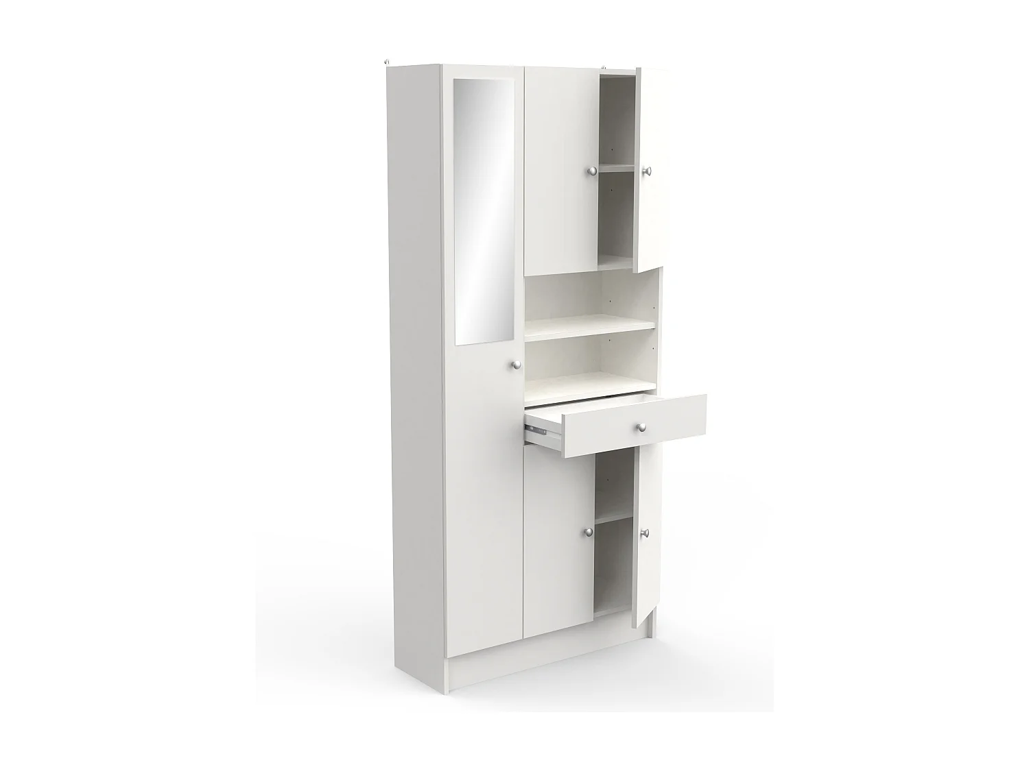 Armoire colonne de salle de bain avec miroir 5 portes et 1 tiroir coloris blanc mat - Largeur 82 x Profondeur 32 x Hauteur 180 cm