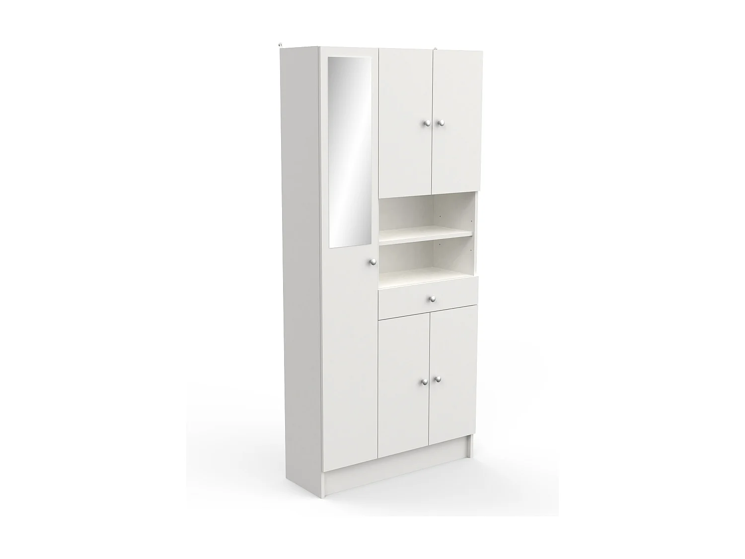 Armoire colonne de salle de bain avec miroir 5 portes et 1 tiroir coloris blanc mat - Largeur 82 x Profondeur 32 x Hauteur 180 cm
