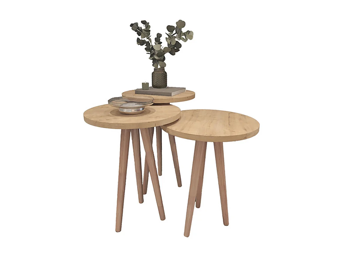 Ensemble de 3 tables d'appoint rondes coloris Chêne sur pieds - Diamètre 35 cm, Hauteurs différentes : 49, 47 et 45 cm