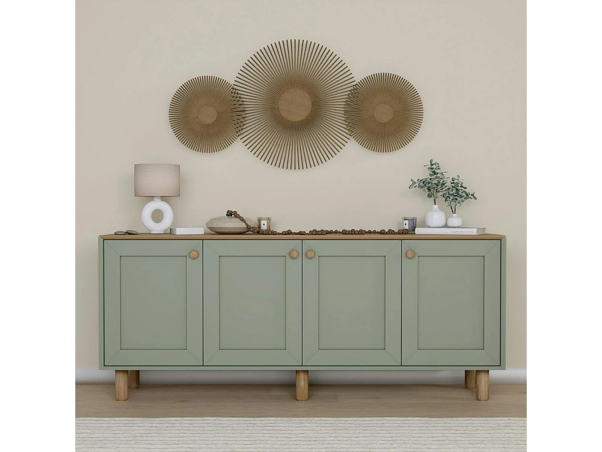Buffet salle à manger vert sauge, plateau effet bois VAREN