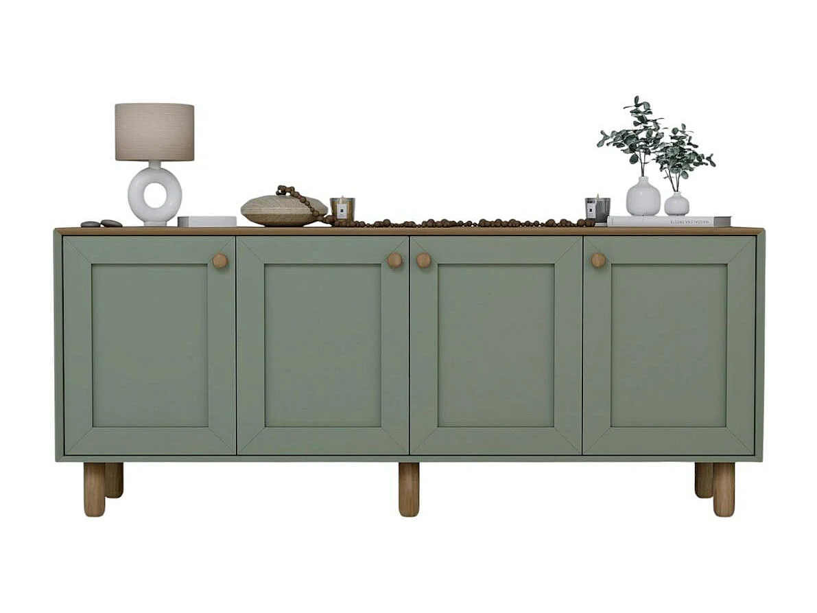 Buffet salle à manger vert sauge, plateau effet bois VAREN