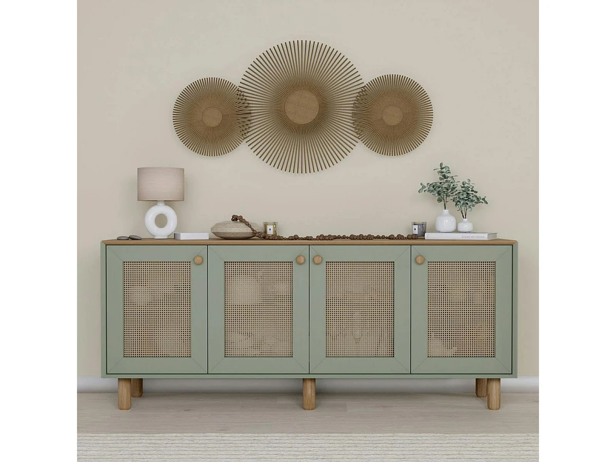 Buffet salle à manger vert sauge, 4 portes cannage VAREN