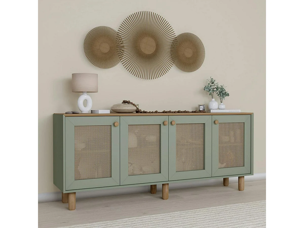 Buffet salle à manger vert sauge, 4 portes cannage VAREN