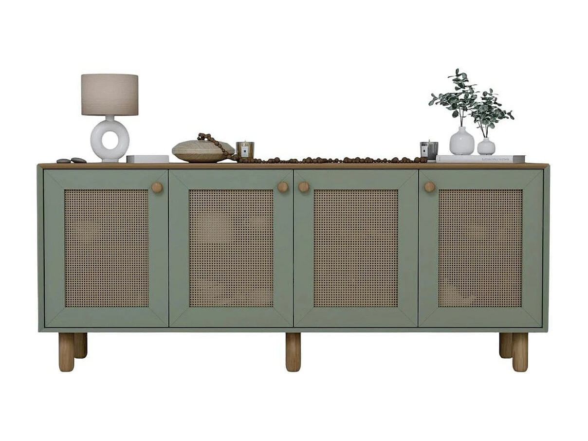 Buffet salle à manger vert sauge, 4 portes cannage VAREN