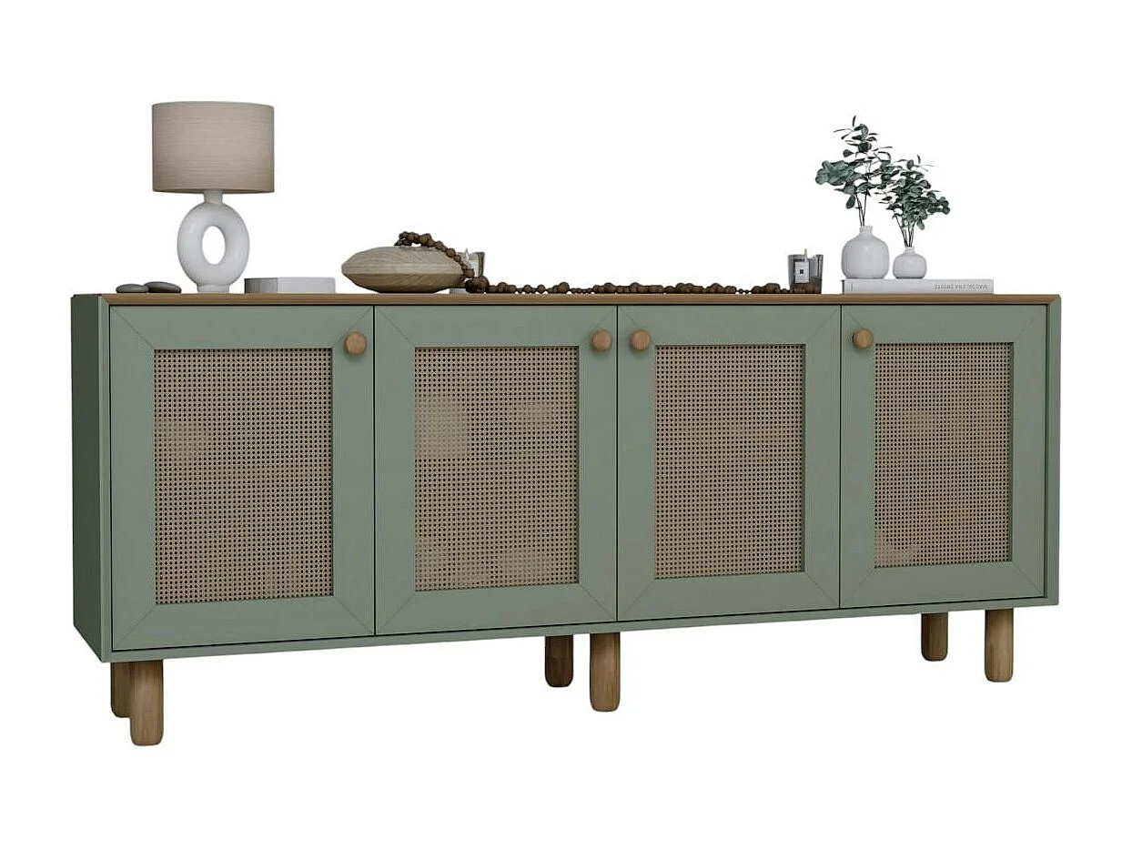 Buffet salle à manger vert sauge, 4 portes cannage VAREN