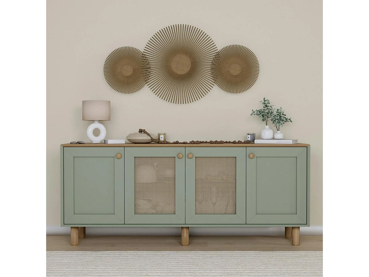 Buffet salle à manger vert sauge, cannage et effet bois VAREN