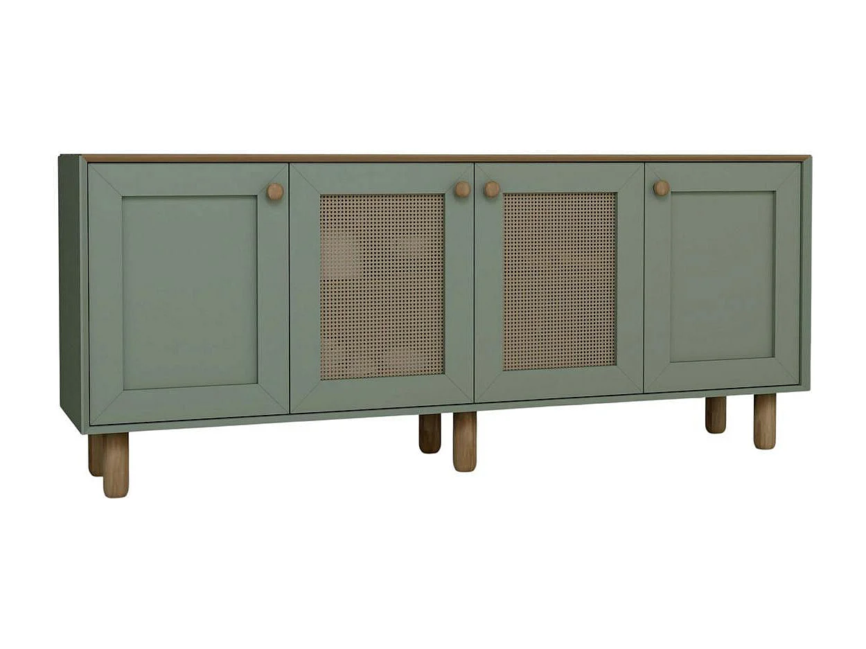 Buffet salle à manger vert sauge, cannage et effet bois VAREN