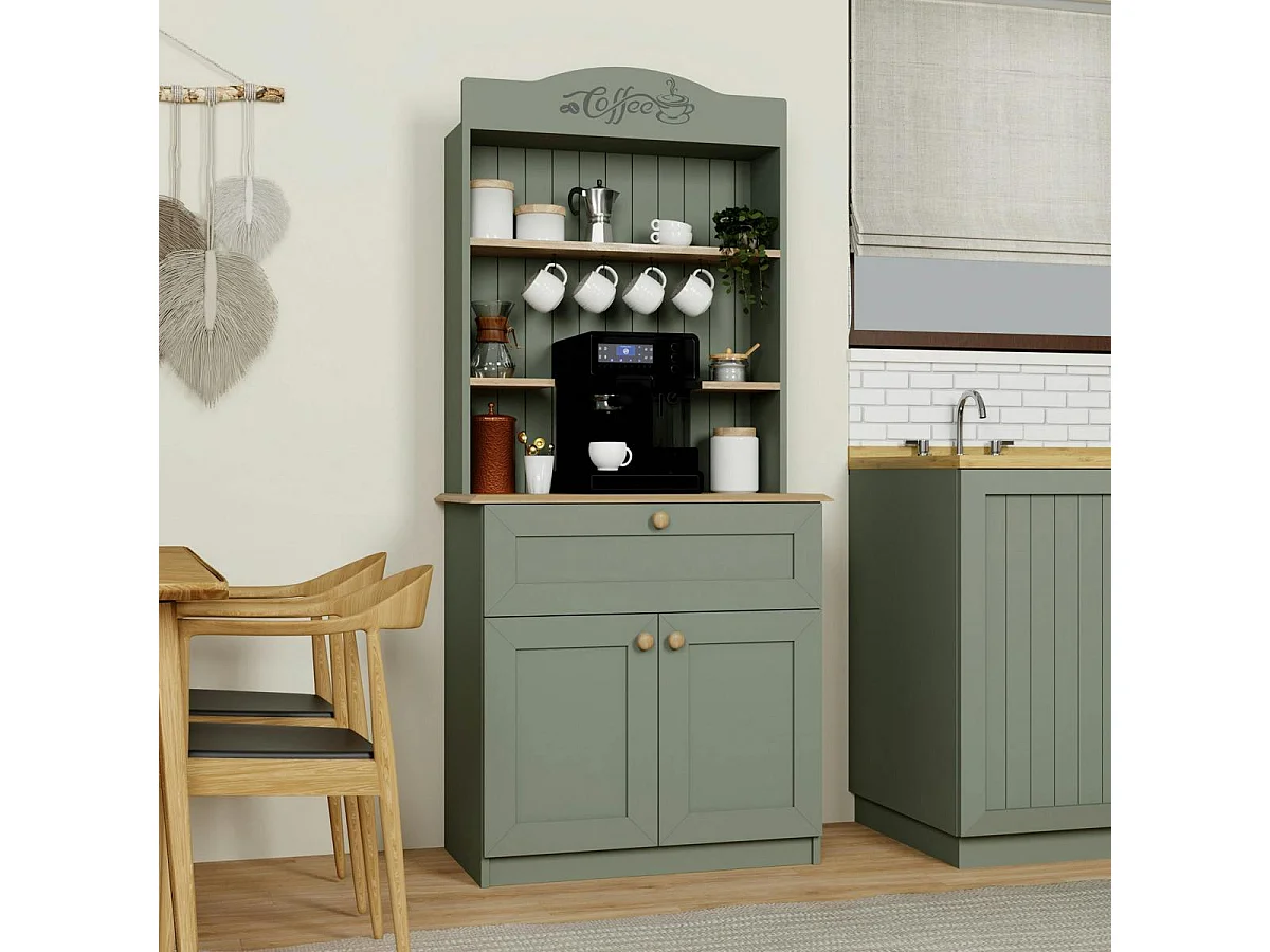 Vaisselier de cuisine vert sauge, niche machine à café VAREN