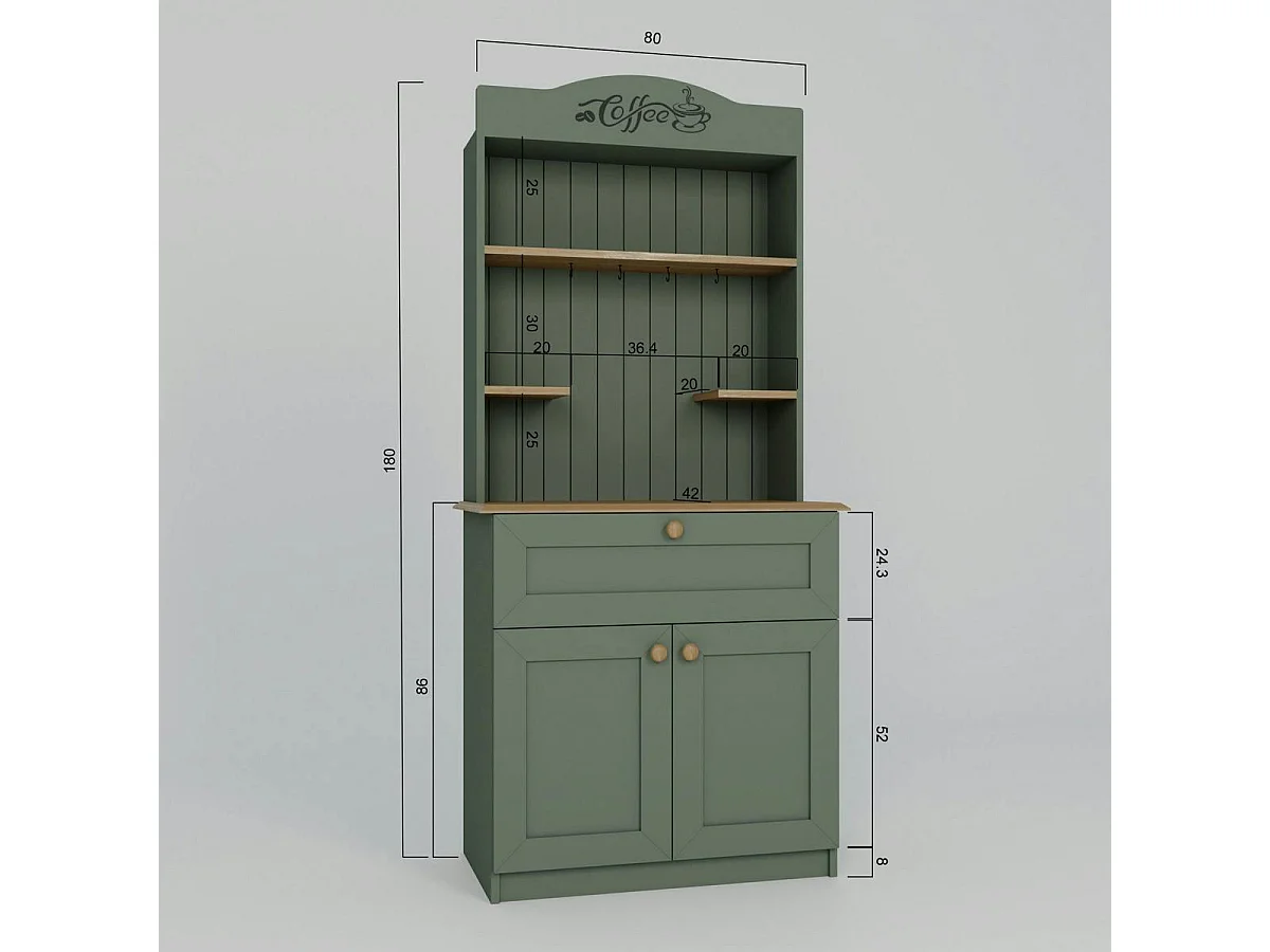 Vaisselier de cuisine vert sauge, niche machine à café VAREN