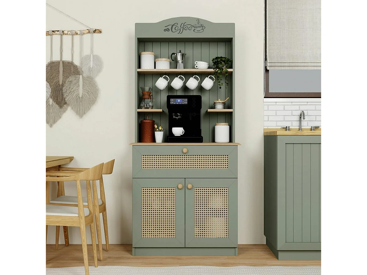 Vaisselier de cuisine vert sauge, cannage & niche café VAREN