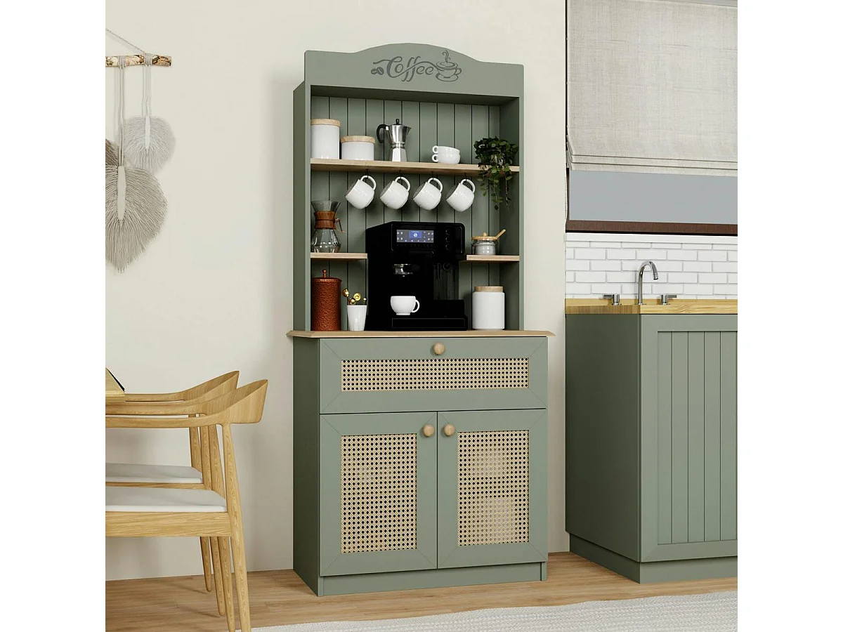 Vaisselier de cuisine vert sauge, cannage & niche café VAREN