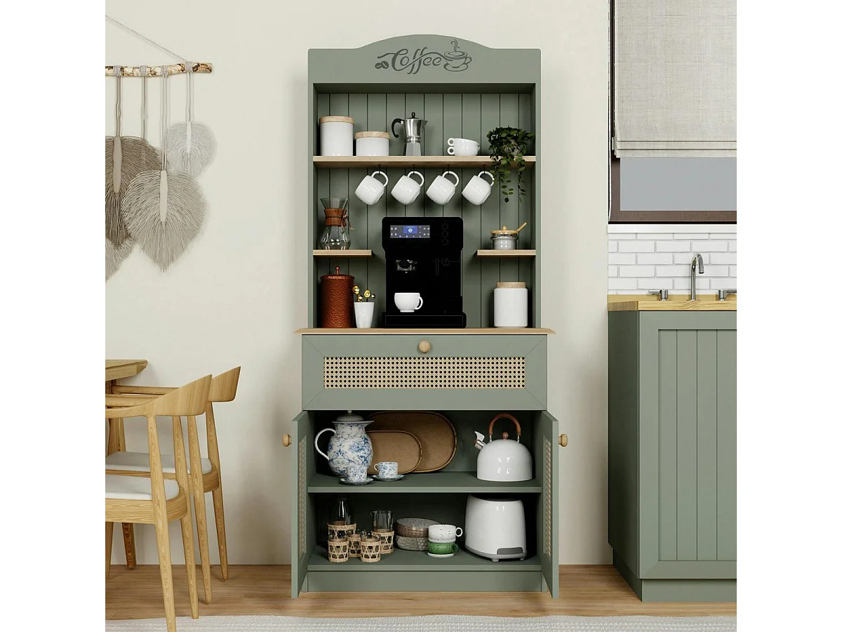 Vaisselier de cuisine vert sauge, cannage & niche café VAREN