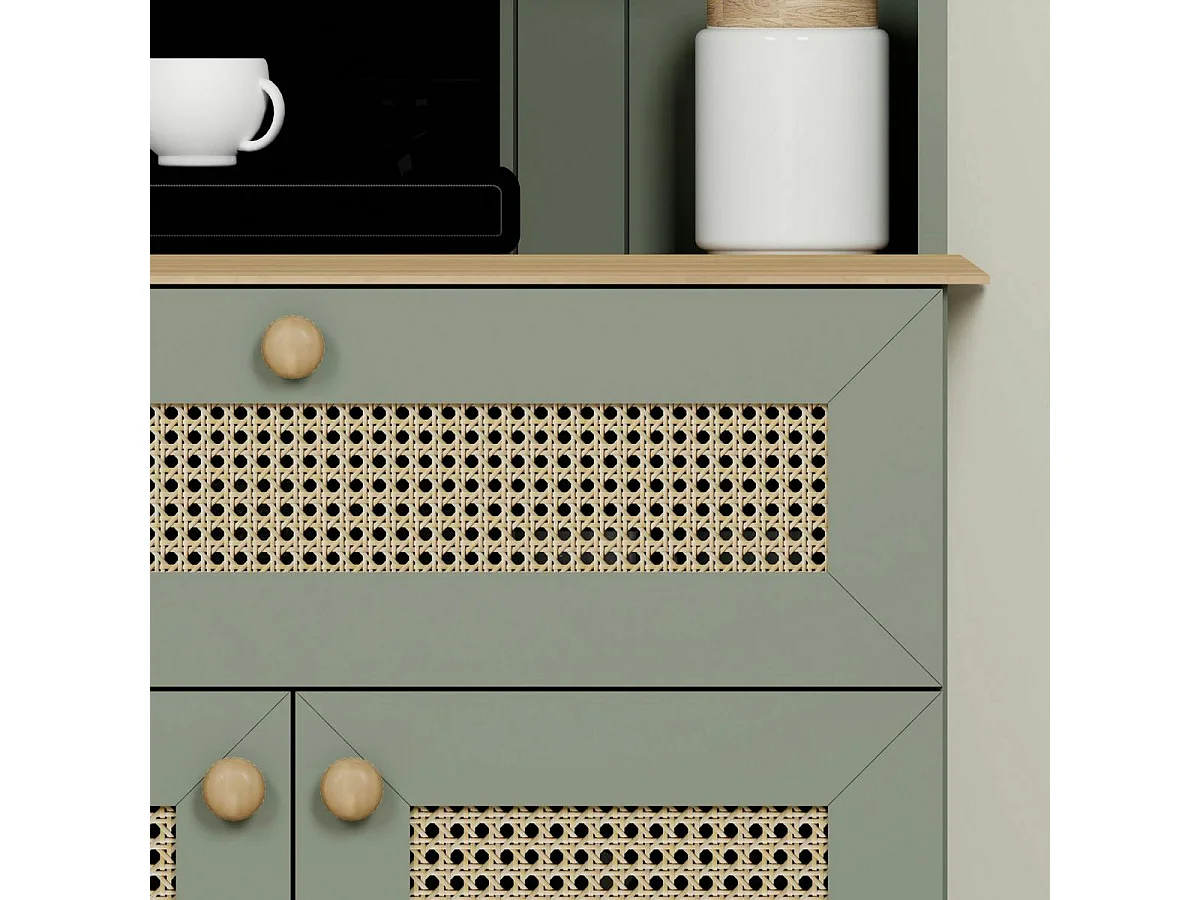 Vaisselier de cuisine vert sauge, cannage & niche café VAREN