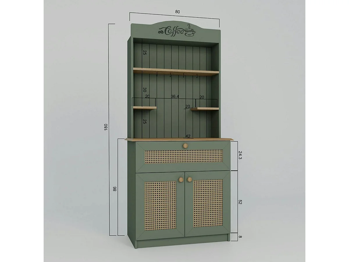 Vaisselier de cuisine vert sauge, cannage & niche café VAREN