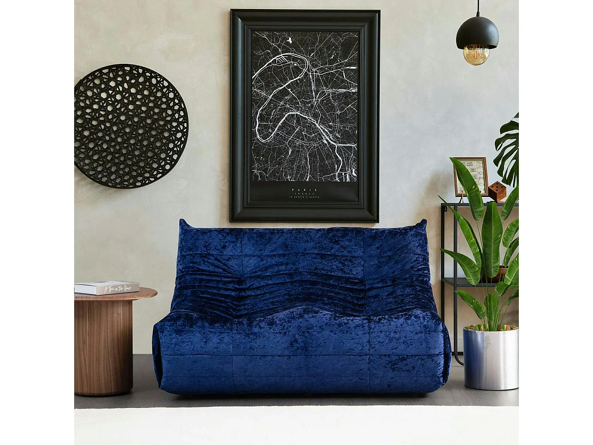 Canapé 2 places velours bleu nuit plissé 145 cm ARVEN