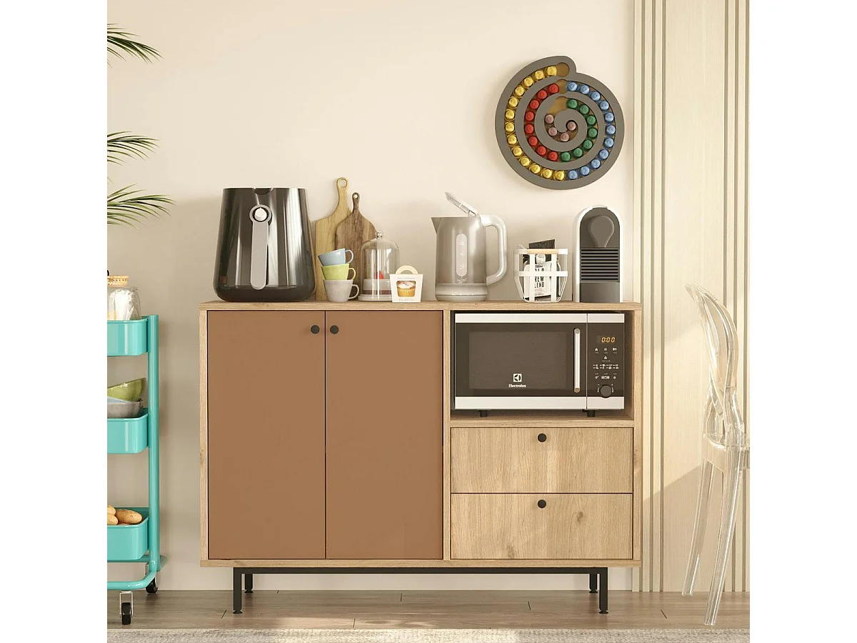 Meuble rangement cuisine 2 portes brun chaud 2 tiroirs JENA