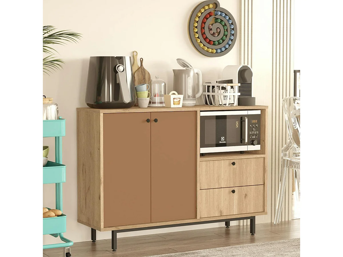 Meuble rangement cuisine 2 portes brun chaud 2 tiroirs JENA