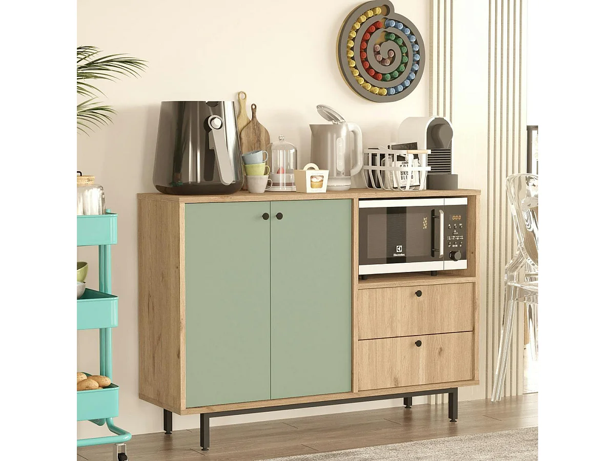 Meuble rangement cuisine 2 portes sauge 2 tiroirs JENA