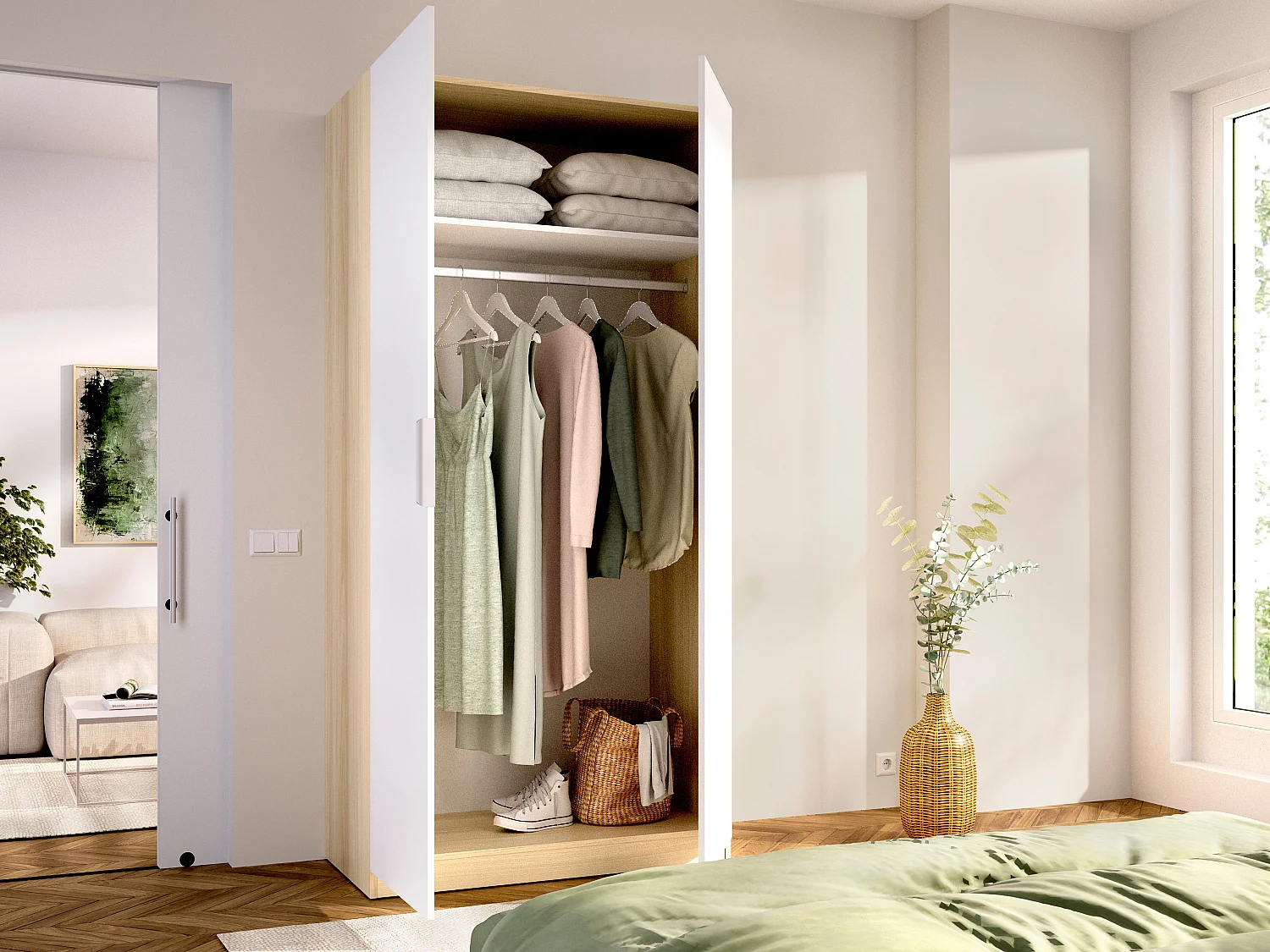 Armoire 2 portes – L91 cm – Blanc et naturel clair - KALONY