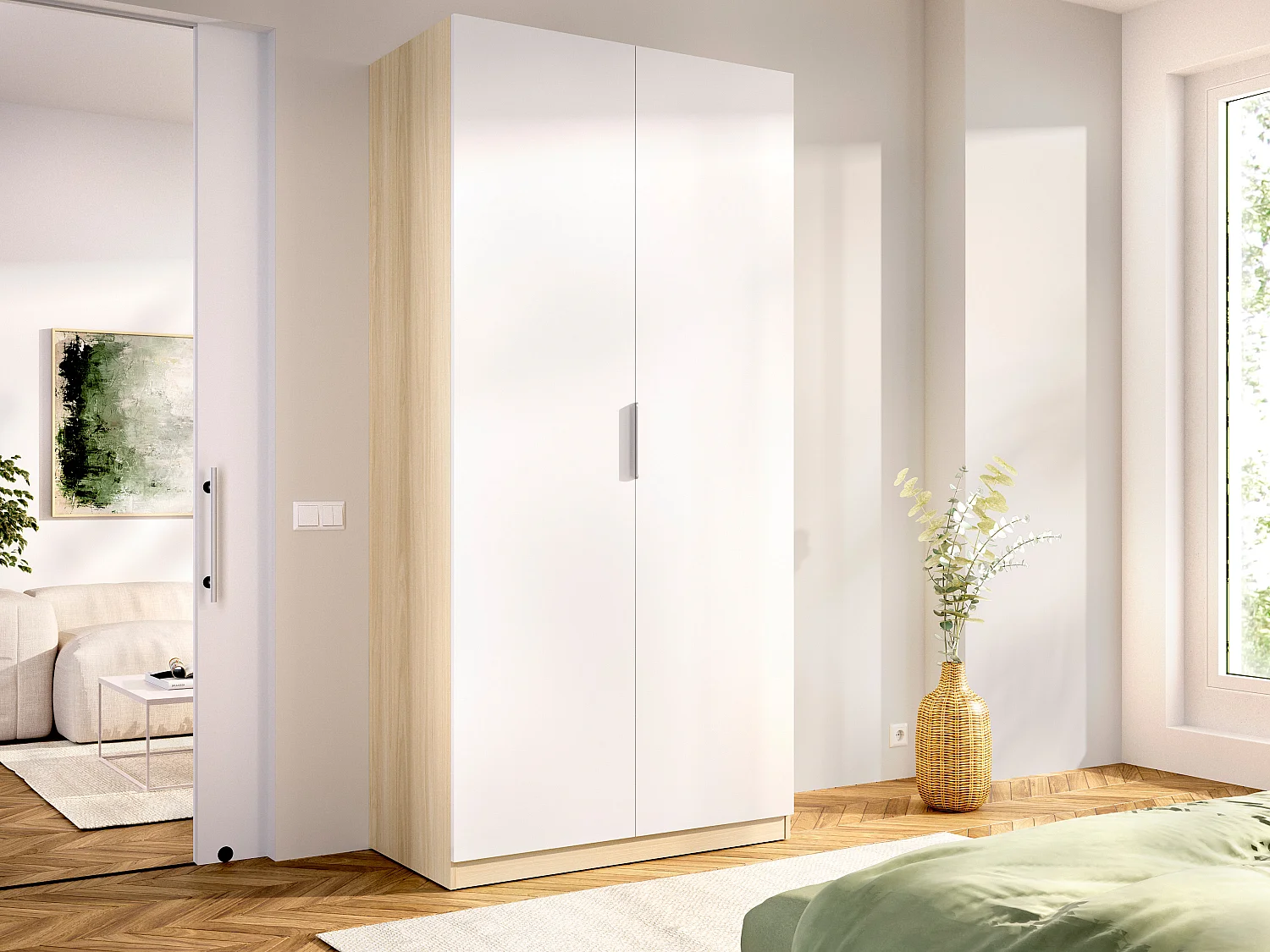 Armoire 2 portes – L91 cm – Blanc et naturel clair - KALONY