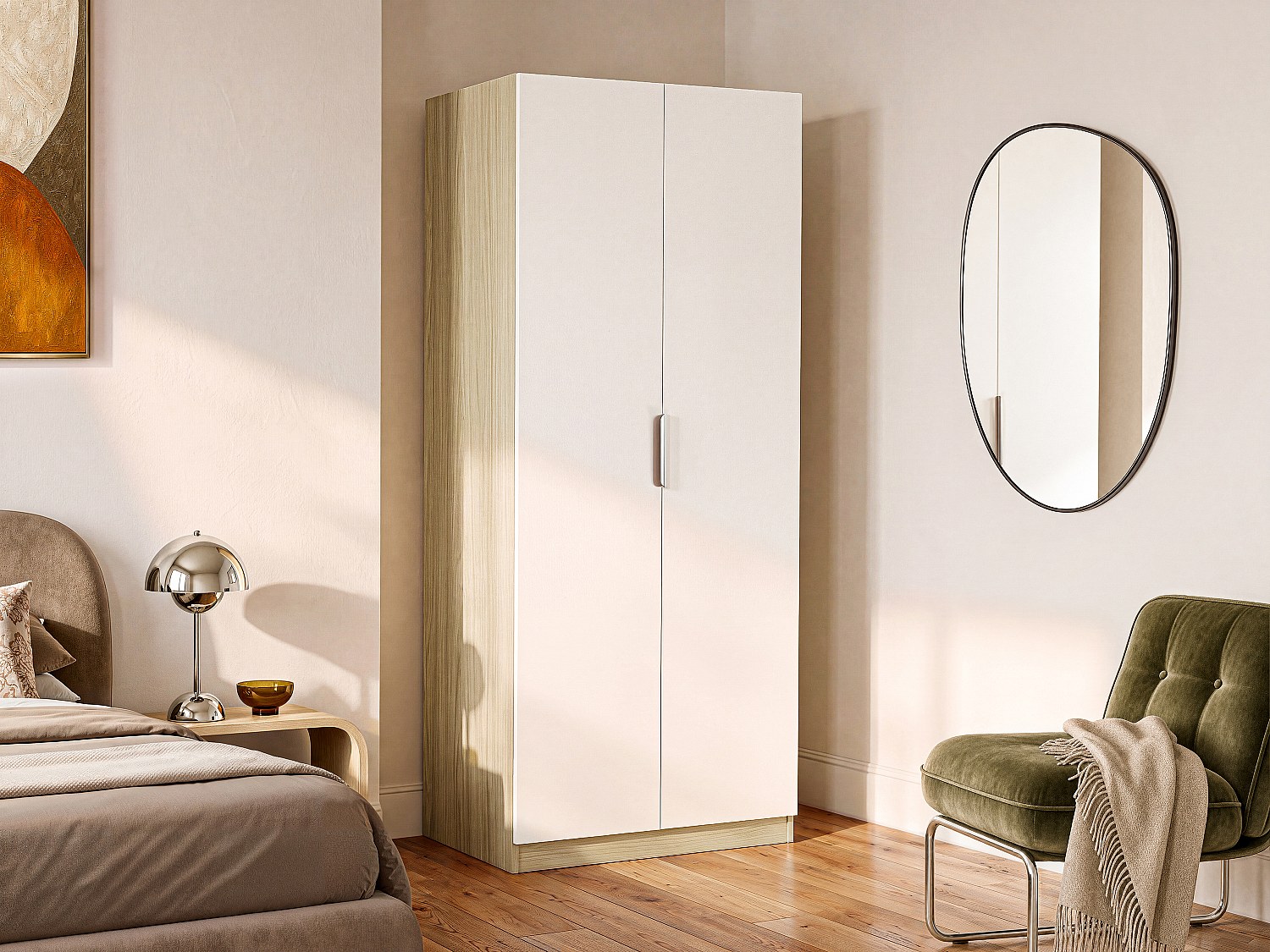 Kleiderschrank 2-türig – B91 cm – Weiß und helles Naturholz - KALONY