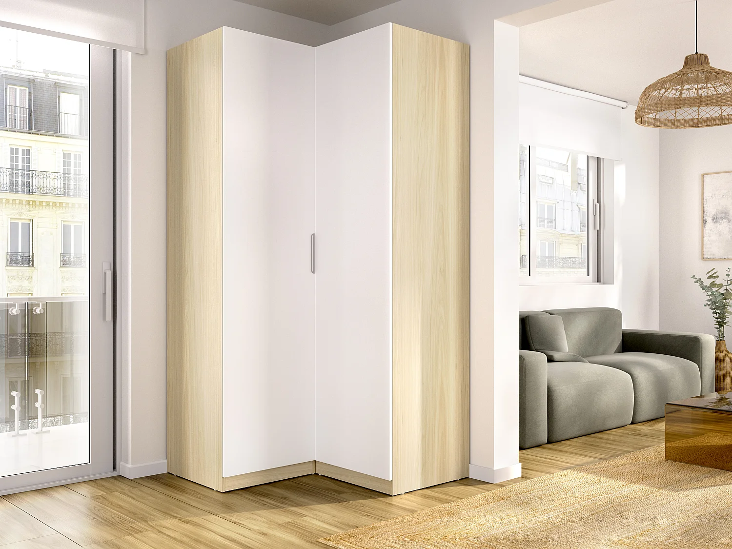 Armoire d’angle 2 portes – L97 cm – Blanc et naturel clair - KALONY