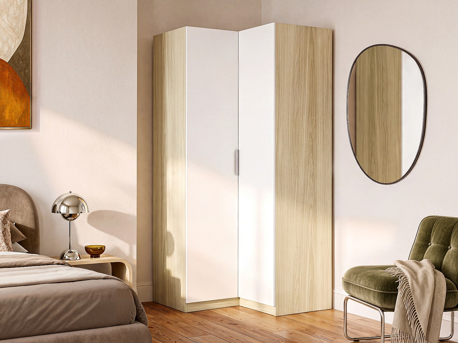Eckschrank 2 Türen – B97 cm – Weiß und helles Naturholz - KALONY