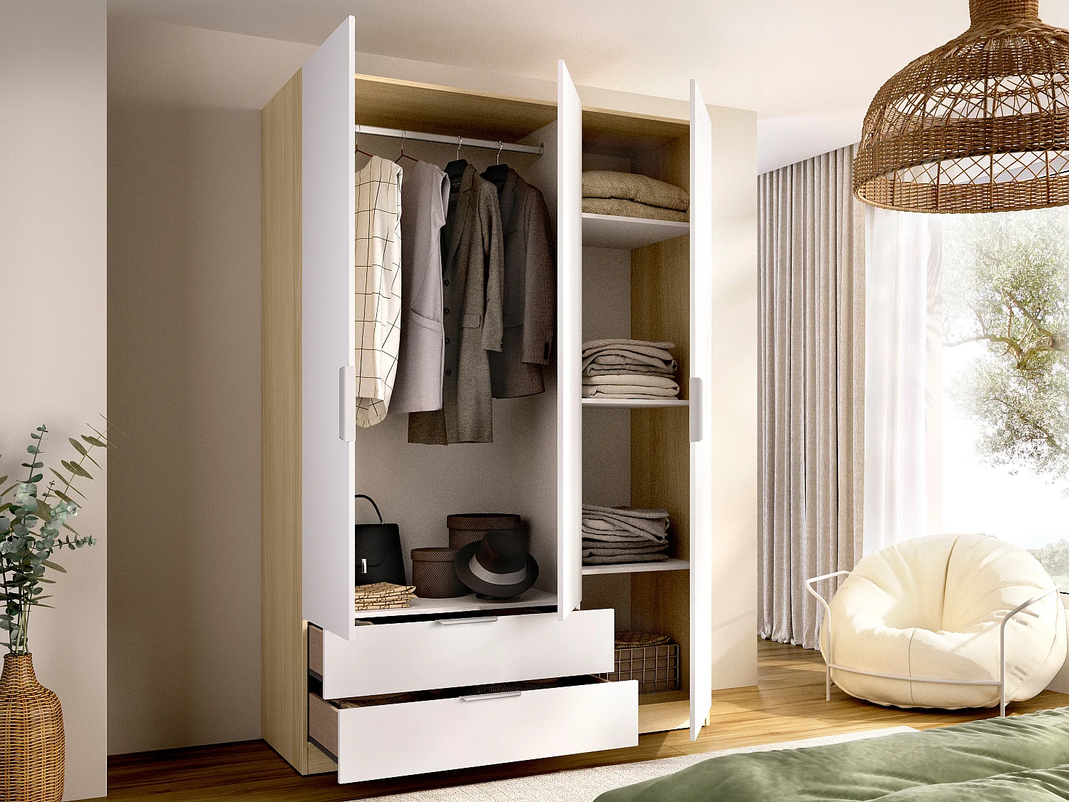 Armoire 3 portes 2 tiroirs – L137 cm – Blanc et naturel clair - KALONY