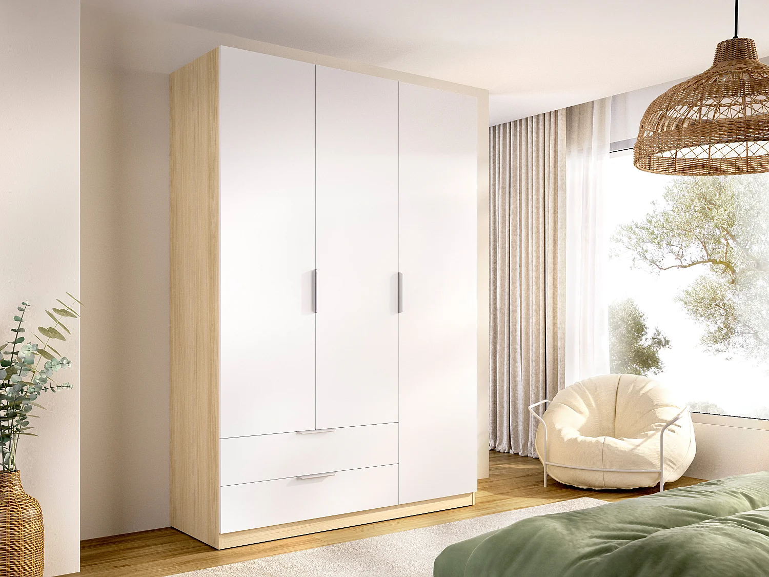 Armoire 3 portes 2 tiroirs – L137 cm – Blanc et naturel clair - KALONY
