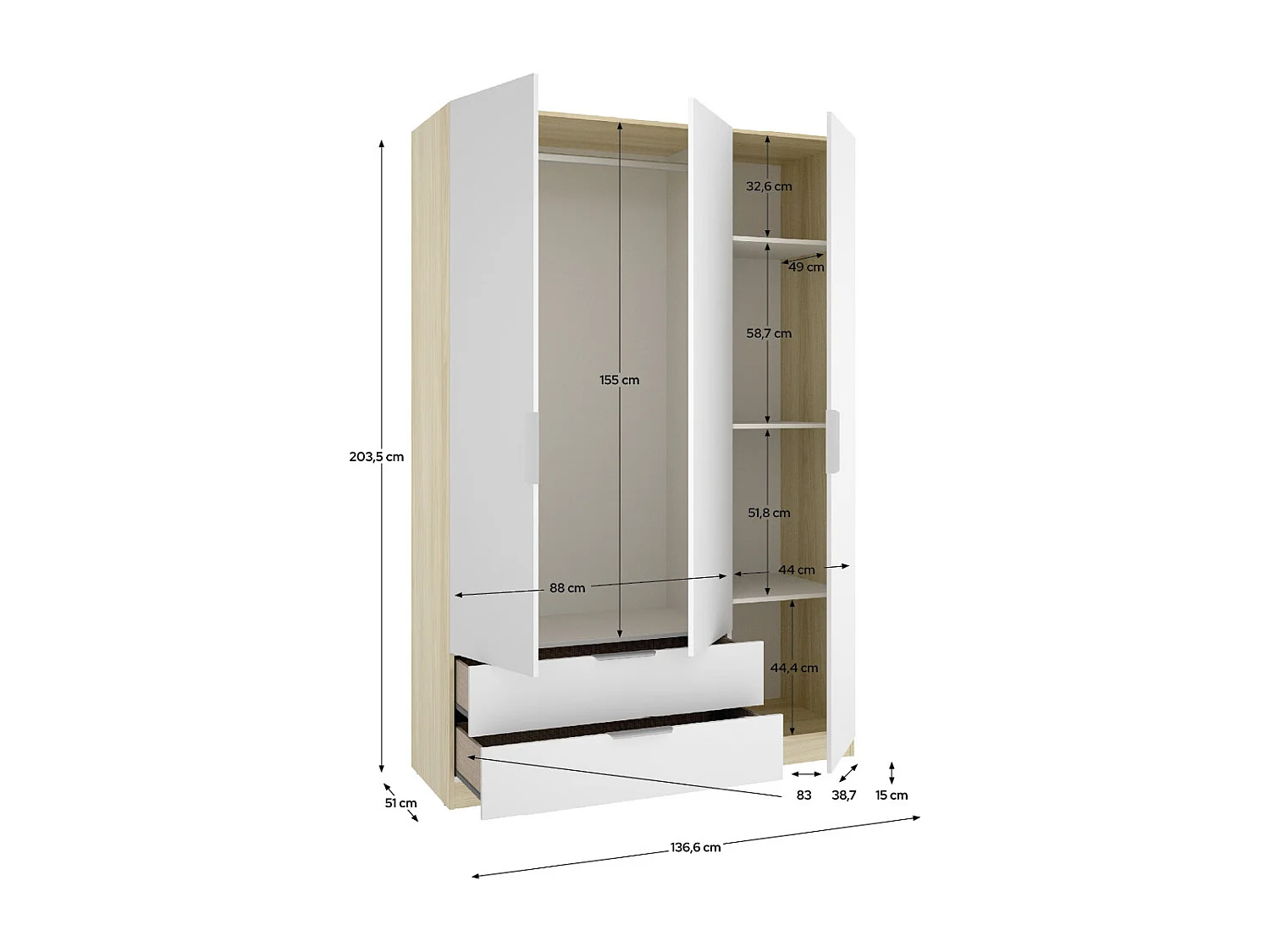 Armoire 3 portes 2 tiroirs – L137 cm – Blanc et naturel clair - KALONY