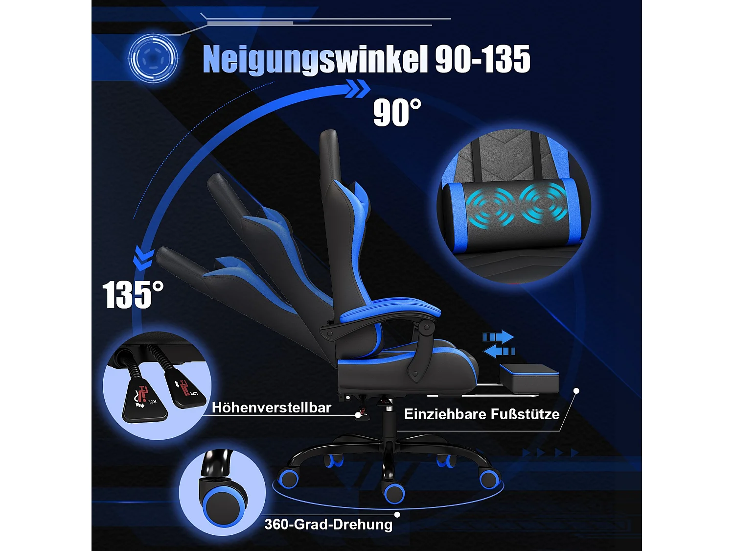 Gunji Chaise Gaming : Ergonomique, Fonction Massage, Repose-Pieds, Cuir PU, Capacité jusqu'à 200