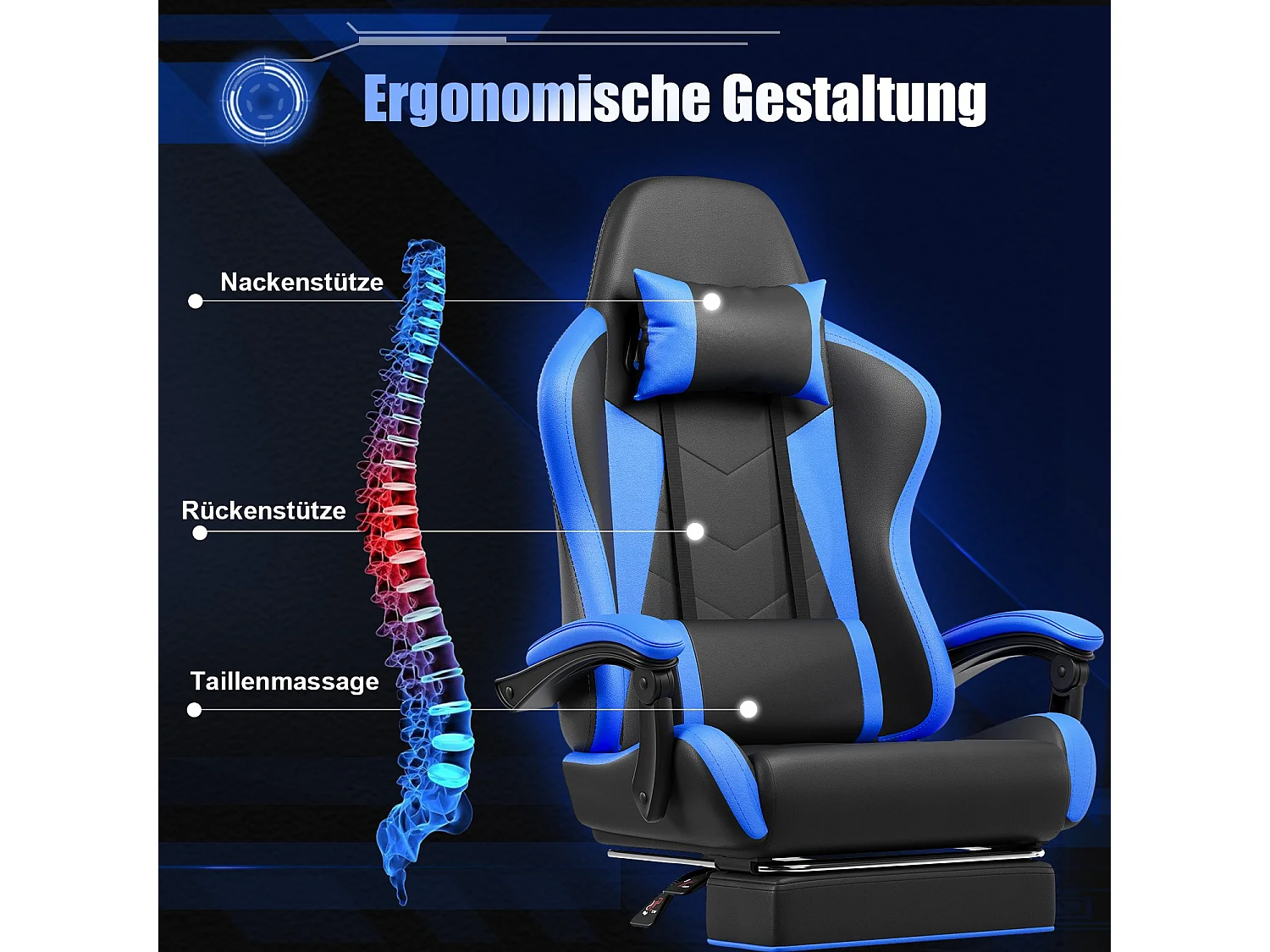 Gunji Chaise Gaming : Ergonomique, Fonction Massage, Repose-Pieds, Cuir PU, Capacité jusqu'à 200