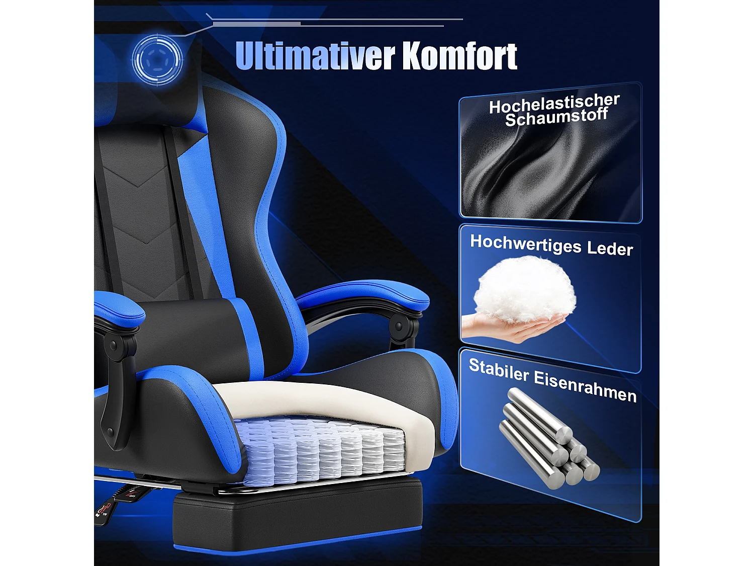 Gunji Chaise Gaming : Ergonomique, Fonction Massage, Repose-Pieds, Cuir PU, Capacité jusqu'à 200