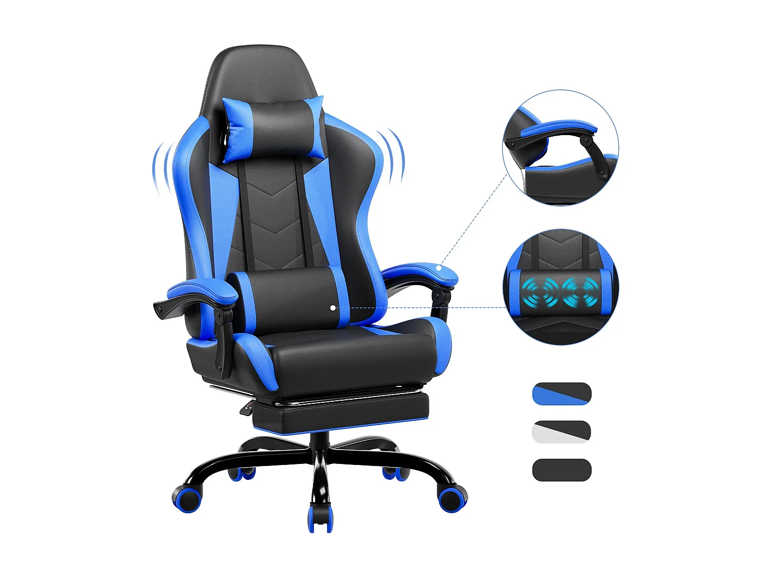 Gunji Chaise Gaming : Ergonomique, Fonction Massage, Repose-Pieds, Cuir PU, Capacité jusqu'à 200