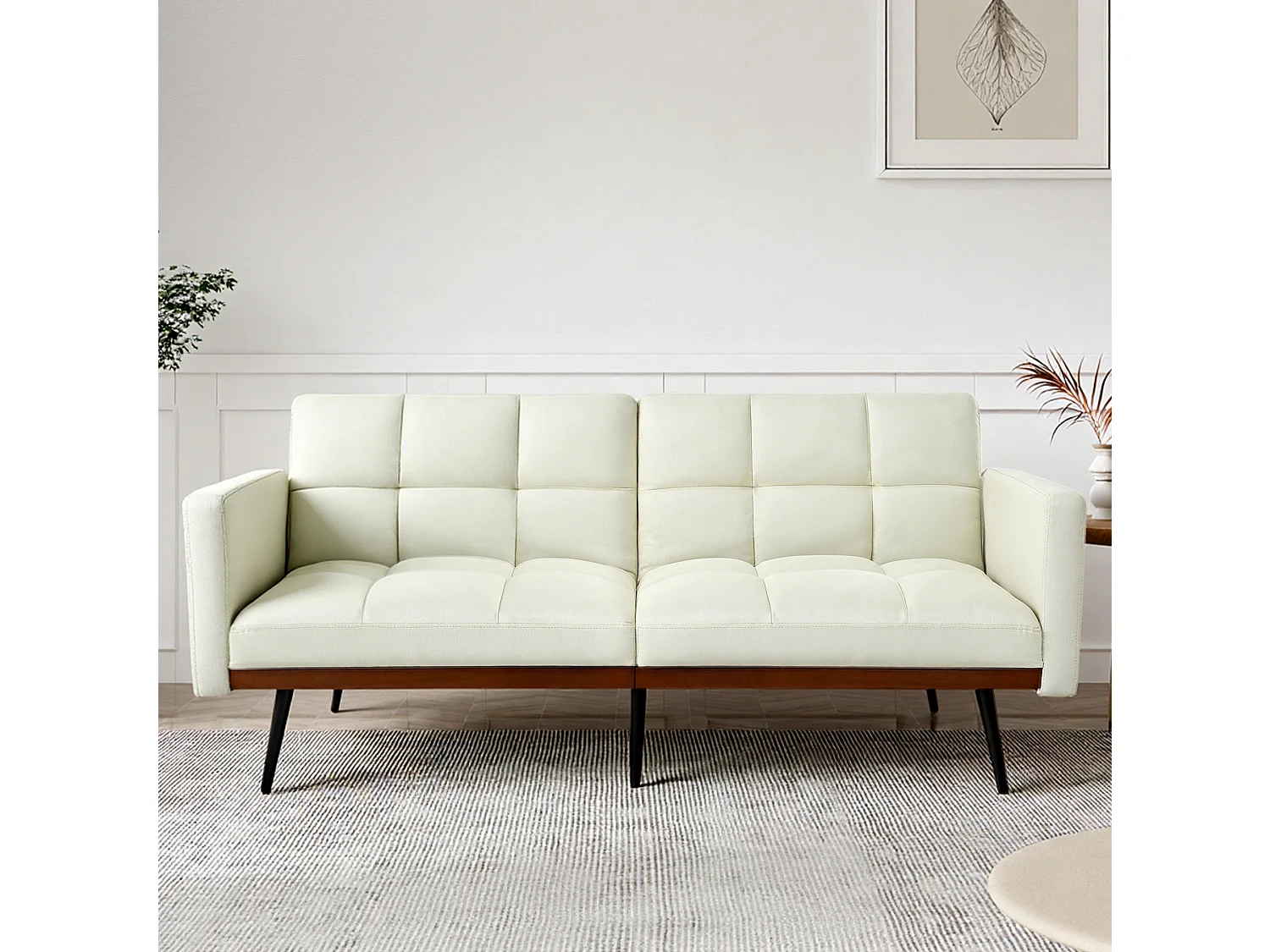 Cojín de sofá de mezcla de lino, ancho 146 cm, con respaldo ajustable en 5 posiciones y reposabrazos fijos, patas de metal, beige