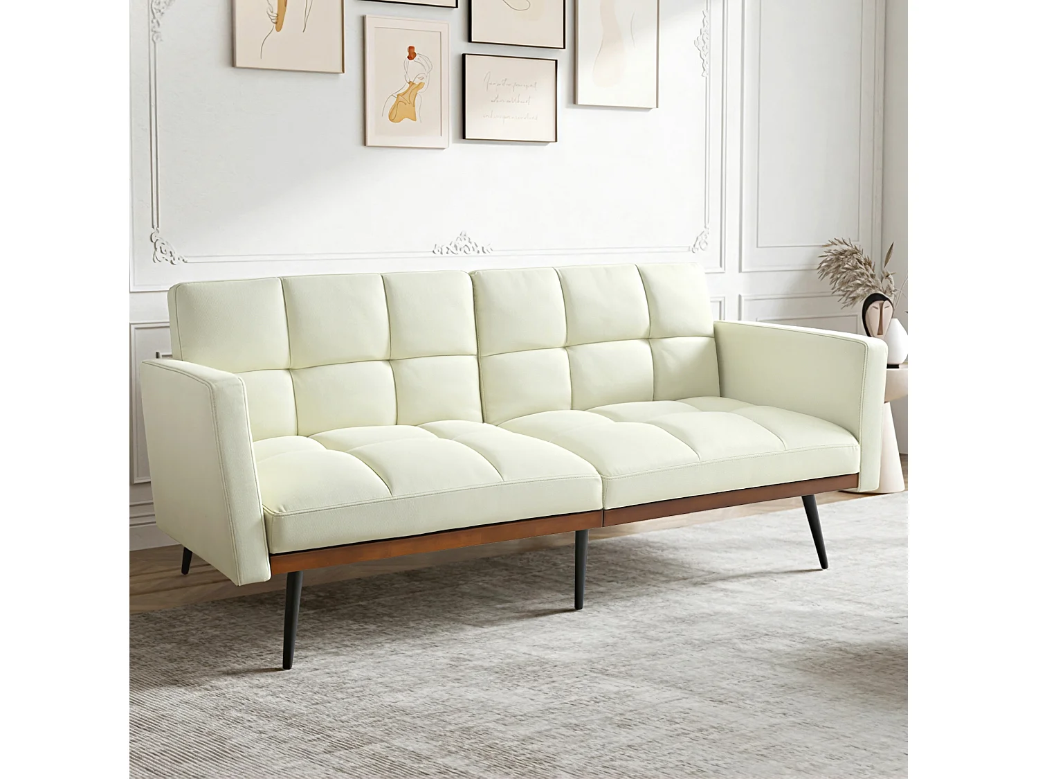 Cojín de sofá de mezcla de lino, ancho 146 cm, con respaldo ajustable en 5 posiciones y reposabrazos fijos, patas de metal, beige