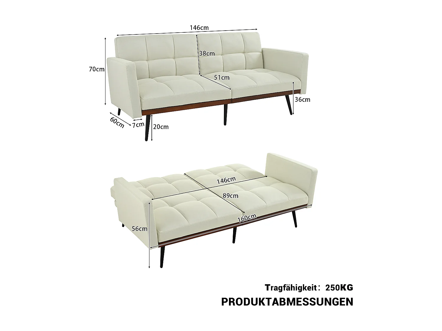 Cojín de sofá de mezcla de lino, ancho 146 cm, con respaldo ajustable en 5 posiciones y reposabrazos fijos, patas de metal, beige