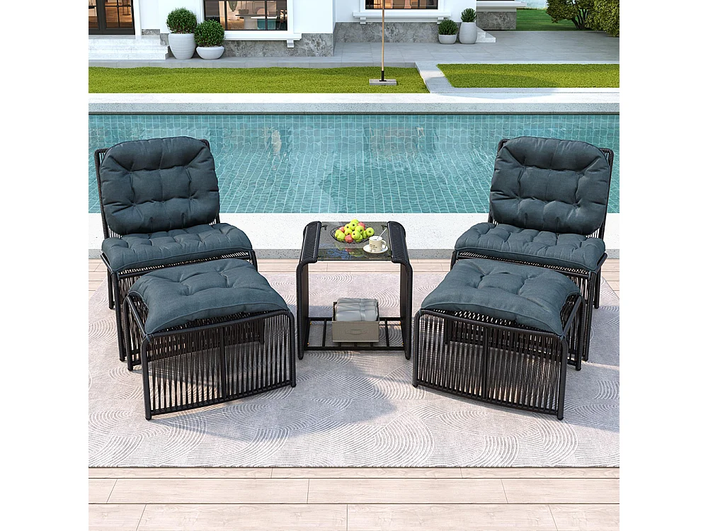 Set da giardino 5 pezzi: tavolo, 2 sedie, 2 sgabelli. Struttura in ferro e rattan PE, resistente alle intemperie, confortevole. Nero