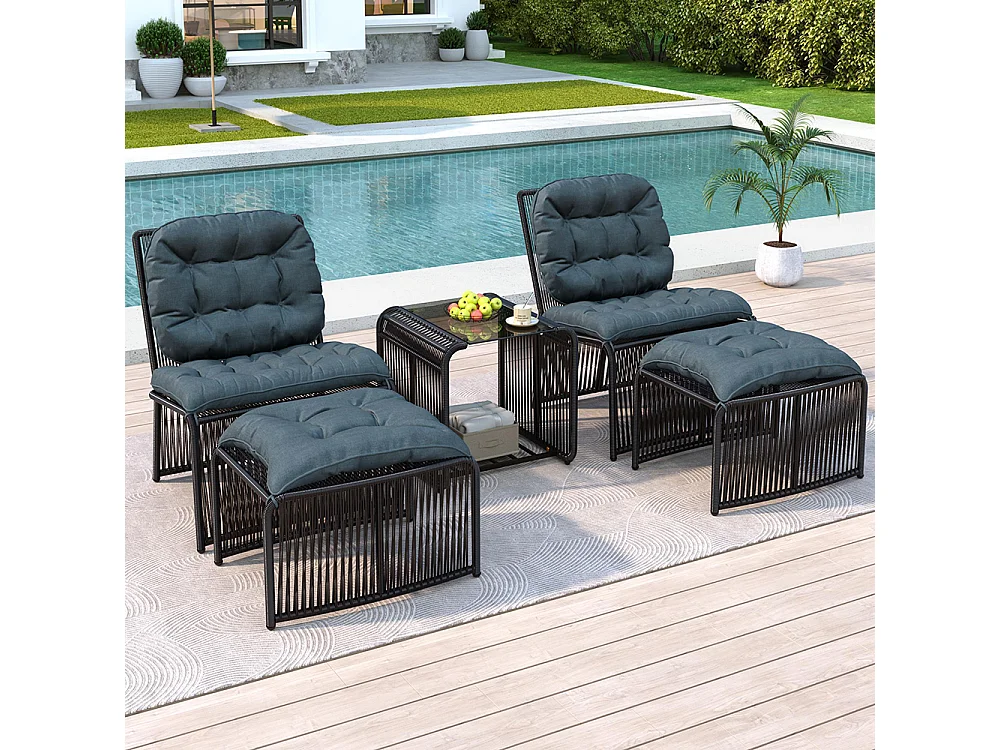 Set da giardino 5 pezzi: tavolo, 2 sedie, 2 sgabelli. Struttura in ferro e rattan PE, resistente alle intemperie, confortevole. Nero