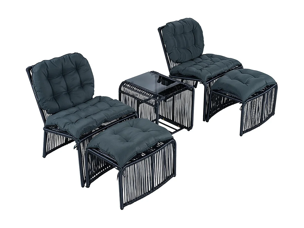 Set da giardino 5 pezzi: tavolo, 2 sedie, 2 sgabelli. Struttura in ferro e rattan PE, resistente alle intemperie, confortevole. Nero