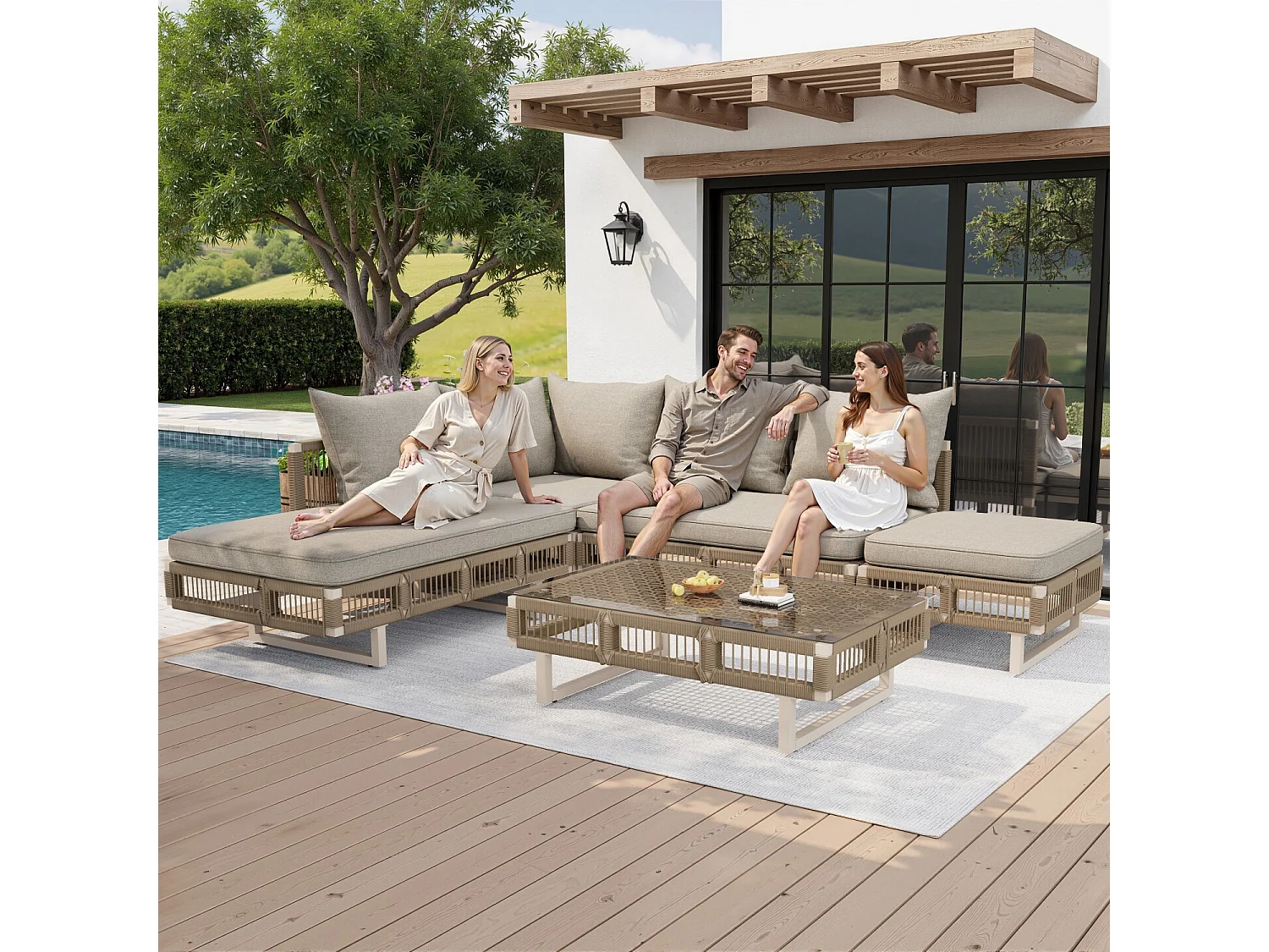 Set di mobili da giardino con gambe regolabili, cuscini spessi 10 cm e tavolino in vetro, beige