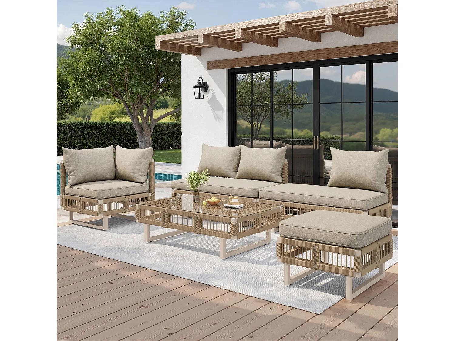 Set di mobili da giardino con gambe regolabili, cuscini spessi 10 cm e tavolino in vetro, beige