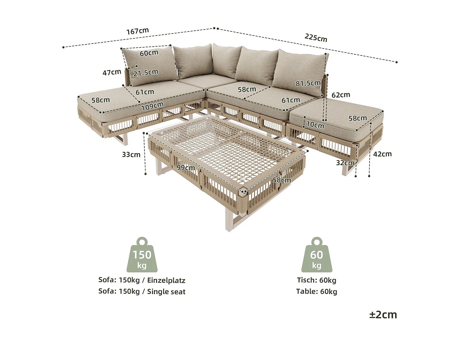 Set di mobili da giardino con gambe regolabili, cuscini spessi 10 cm e tavolino in vetro, beige