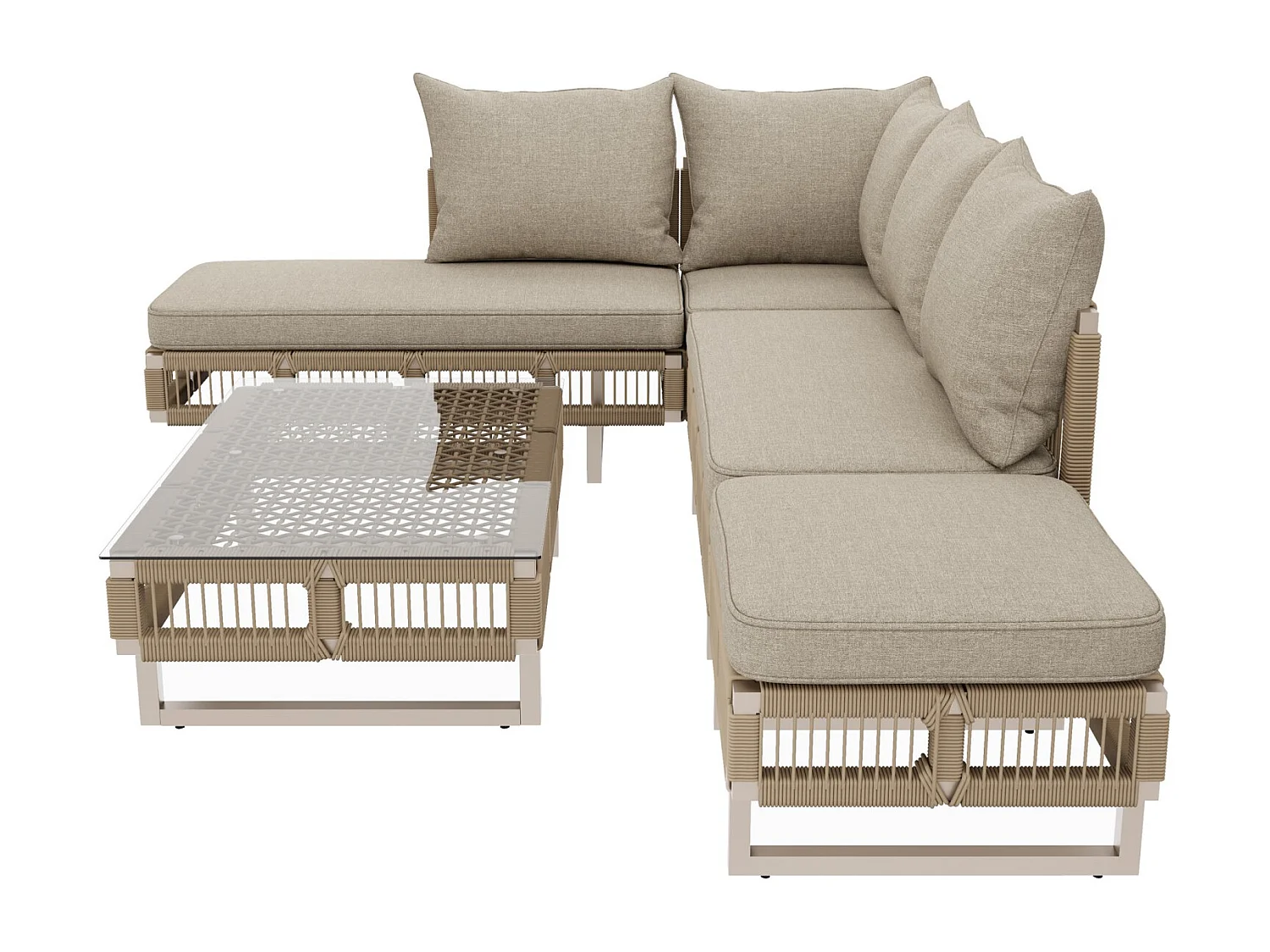 Set di mobili da giardino con gambe regolabili, cuscini spessi 10 cm e tavolino in vetro, beige