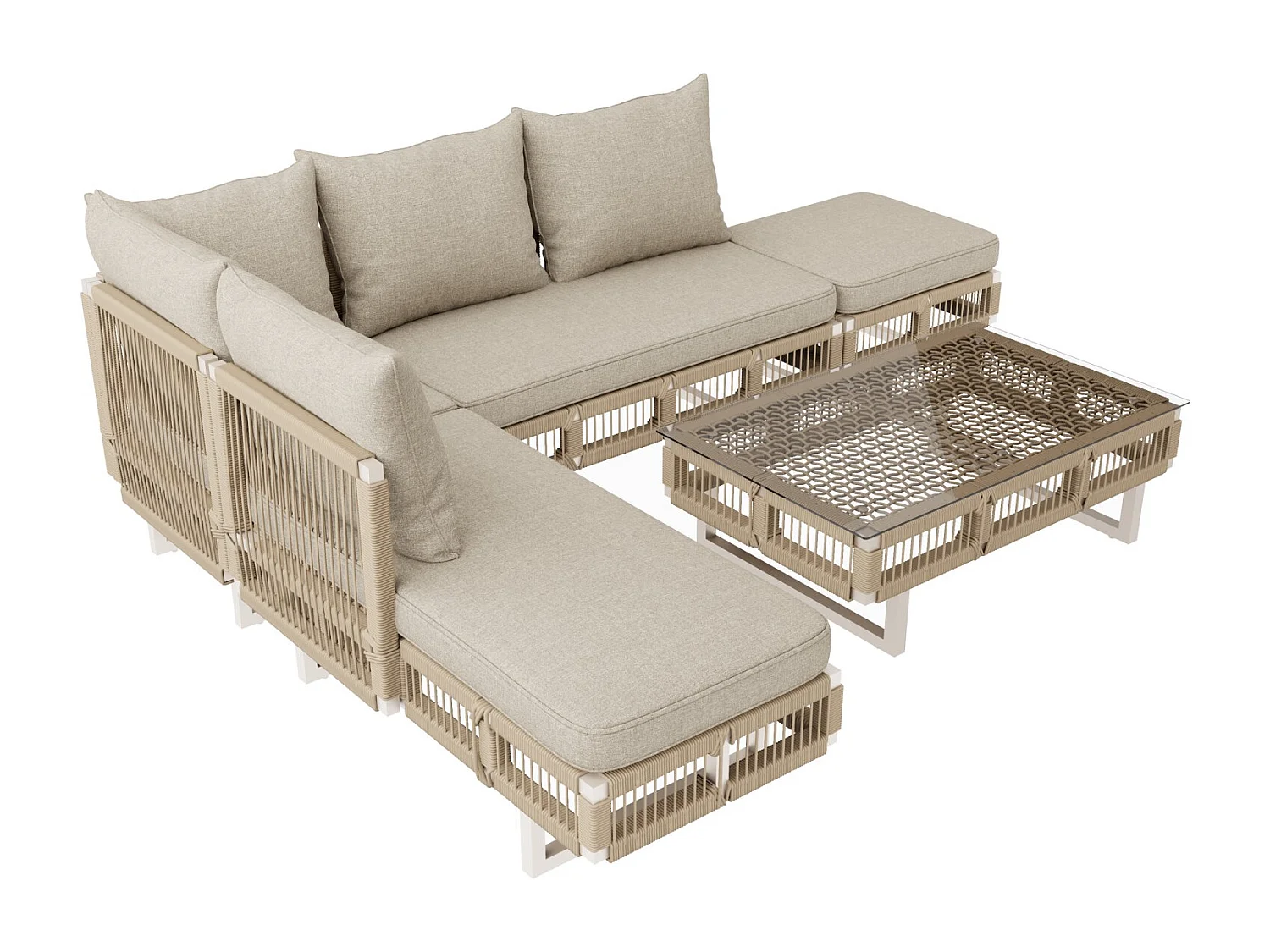 Set di mobili da giardino con gambe regolabili, cuscini spessi 10 cm e tavolino in vetro, beige