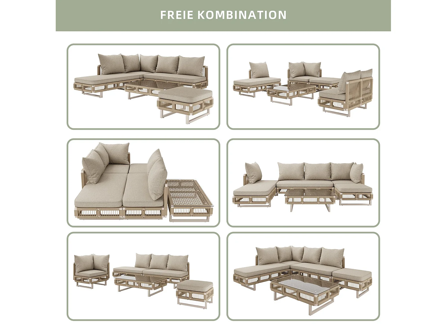 Set di mobili da giardino con gambe regolabili, cuscini spessi 10 cm e tavolino in vetro, beige